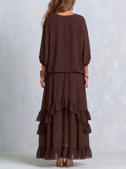 Conjunto marrón de gasa: blusa con escote en V y cordón con borlas y falda de volantes en capas
