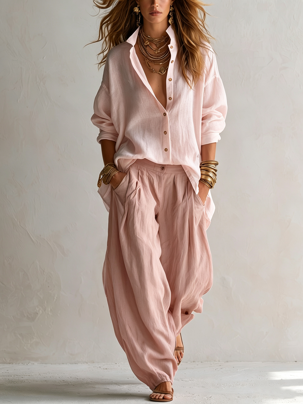 Conjunto de camisa holgada blanca y pantalón farol de pierna ancha verde