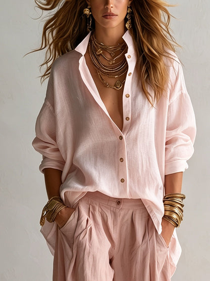 Conjunto de camisa holgada y pantalón farol de pierna ancha rosa