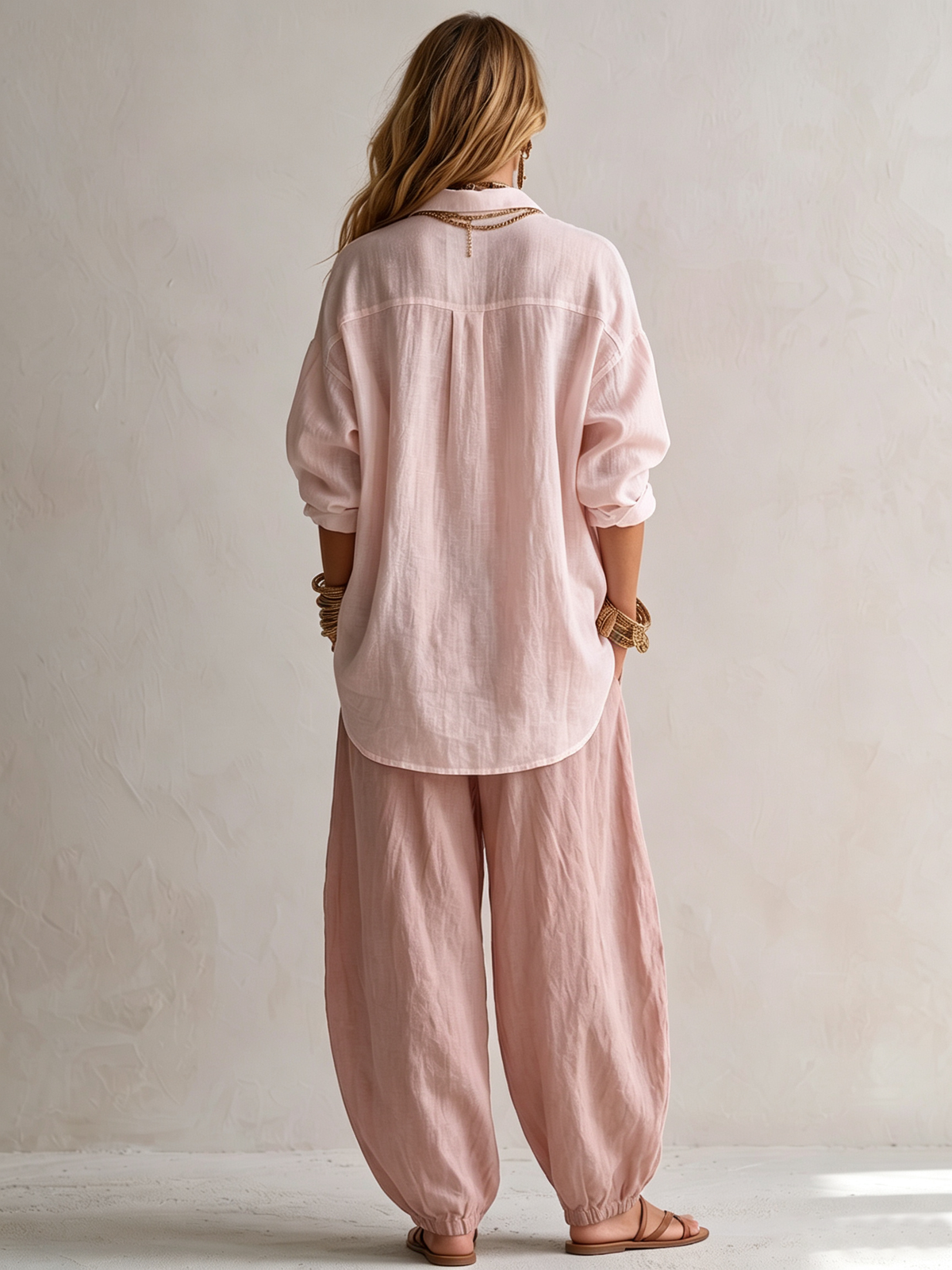 Conjunto de camisa holgada y pantalón farol de pierna ancha rosa