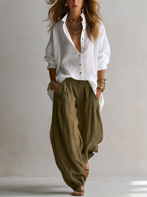 Conjunto de camisa holgada blanca y pantalón farol de pierna ancha verde
