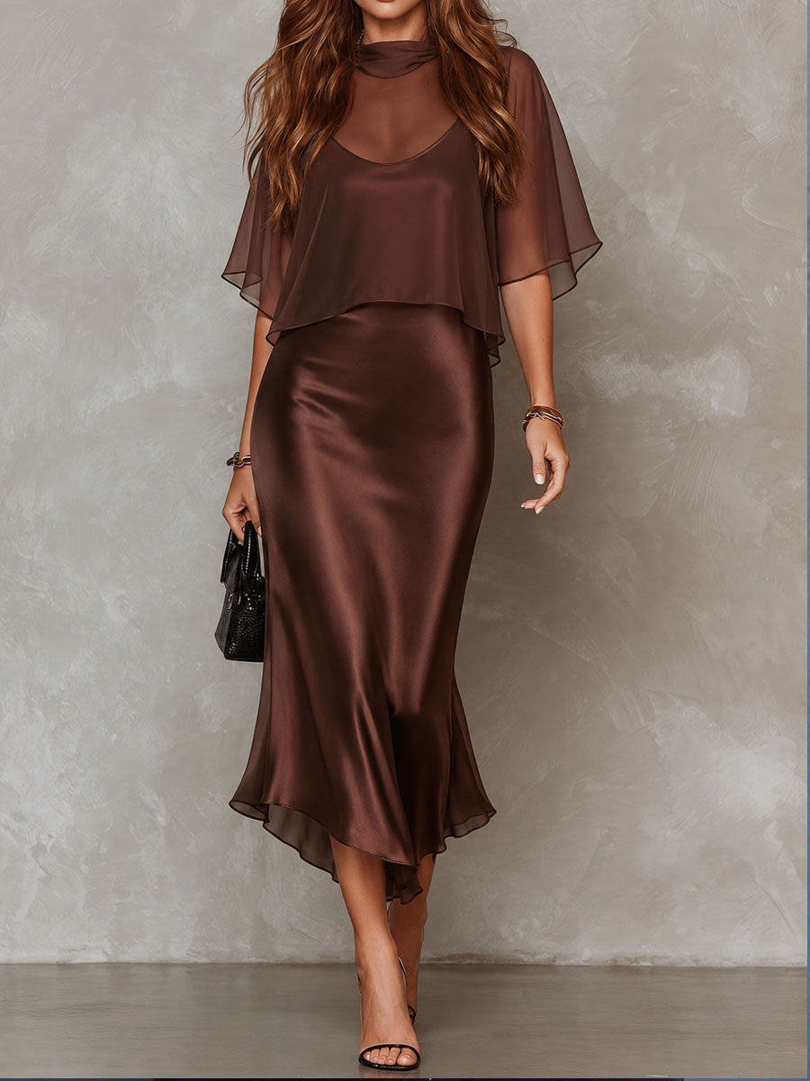 Conjunto de dos piezas marrón: blusa de gasa y vestido midi de satén
