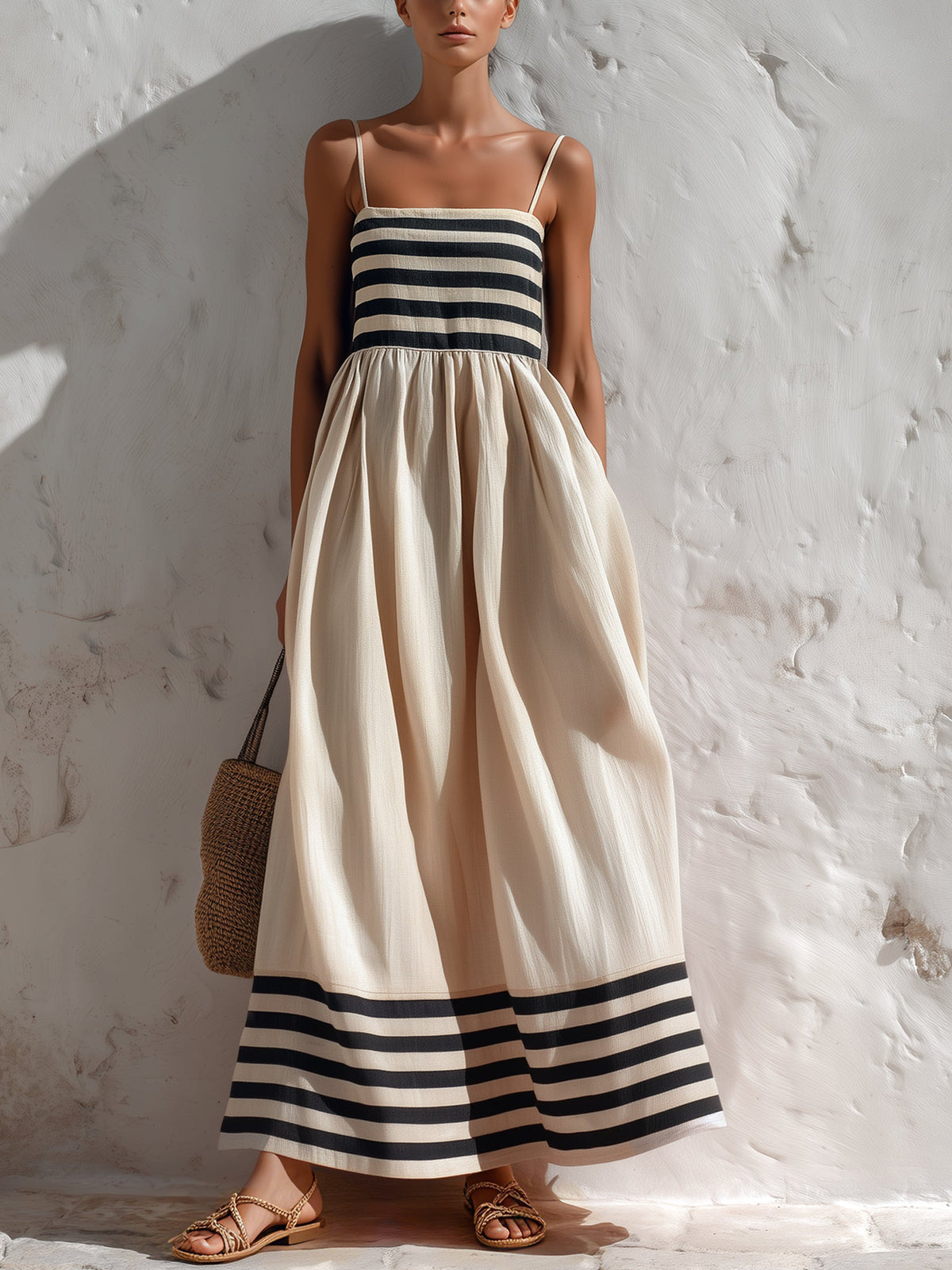 Vestido maxi de tirantes finos con rayas blancas y negras