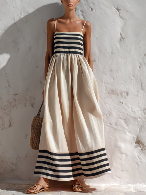 Vestido maxi de tirantes finos con rayas blancas y negras