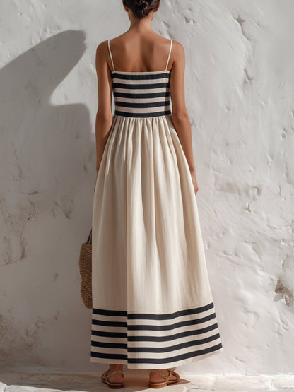 Vestido largo de tirantes finos con rayas blancas y negras