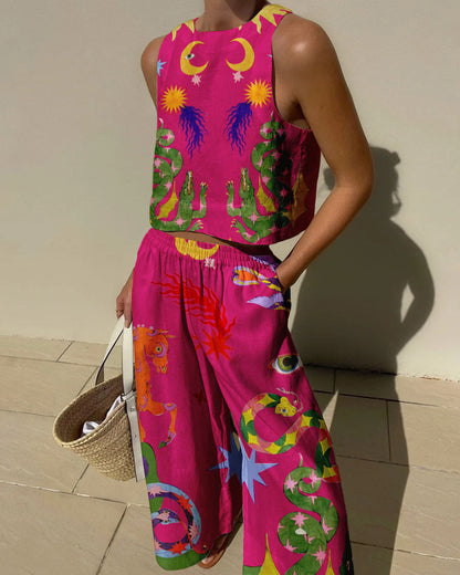 Conjunto de top de tirantes estampado y pantalón de cintura elástica con bolsillos