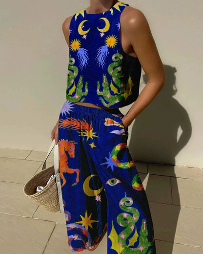 Conjunto de top de tirantes estampado y pantalón de cintura elástica con bolsillos