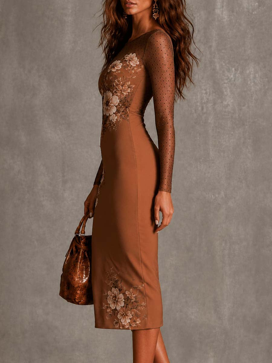 Vestido midi lápiz marrón ajustado y semitransparente con estampado floral y de lunares