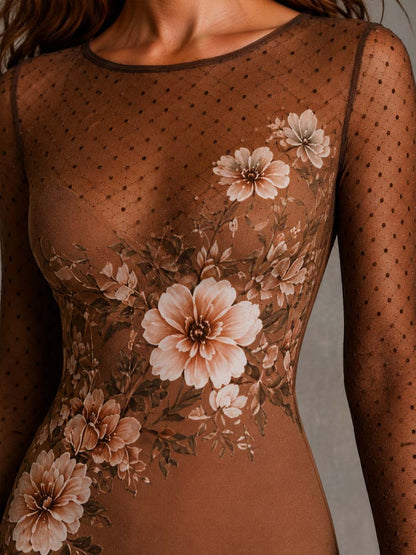 Vestido midi lápiz marrón ajustado y semitransparente con estampado floral y de lunares