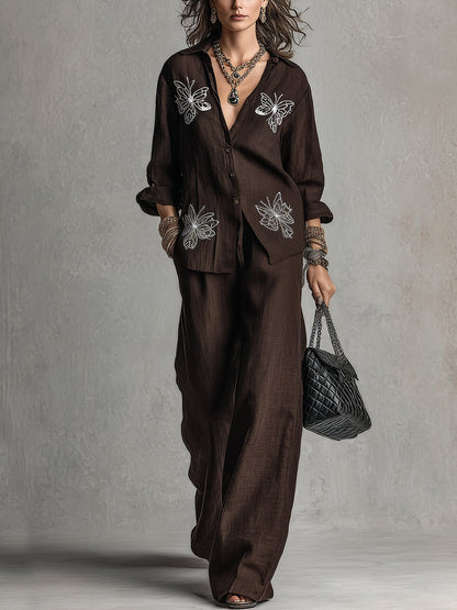 Conjunto relajado marrón de camisa holgada bordada y pantalón de pierna ancha