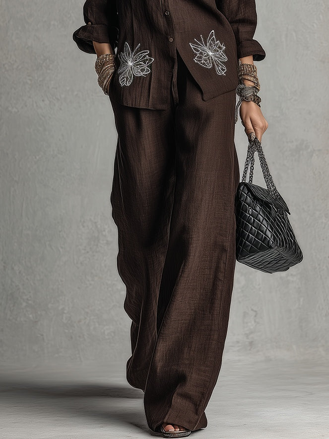 Conjunto relajado marrón de camisa holgada bordada y pantalón de pierna ancha