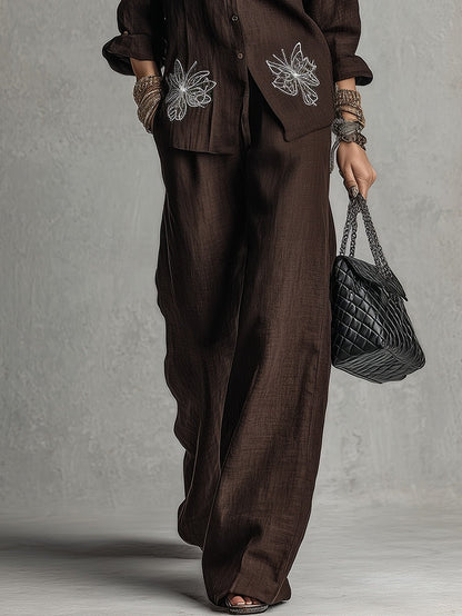 Conjunto relajado marrón de camisa holgada bordada y pantalón de pierna ancha