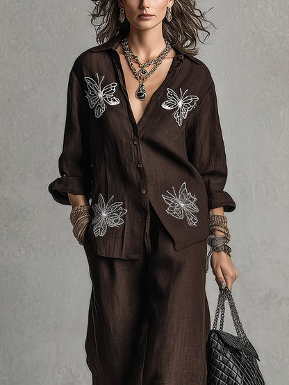 Conjunto relajado marrón de camisa holgada bordada y pantalón de pierna ancha