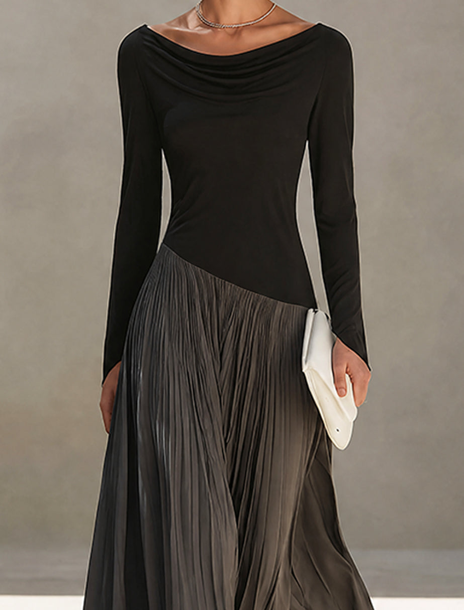 Vestido maxi plisado bicolor negro y gris con patchwork y escote drapeado