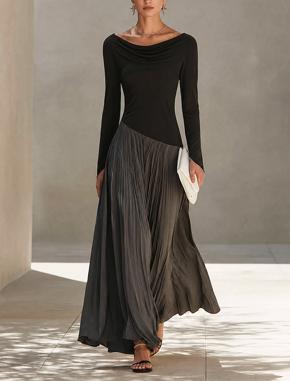 Vestido maxi plisado bicolor negro y gris con patchwork y escote drapeado