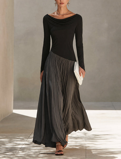 Vestido maxi plisado bicolor negro y gris con patchwork y escote drapeado