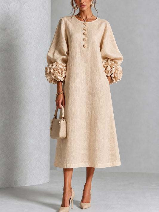 Vestido midi floral beige abotonado con llamativos puños florales