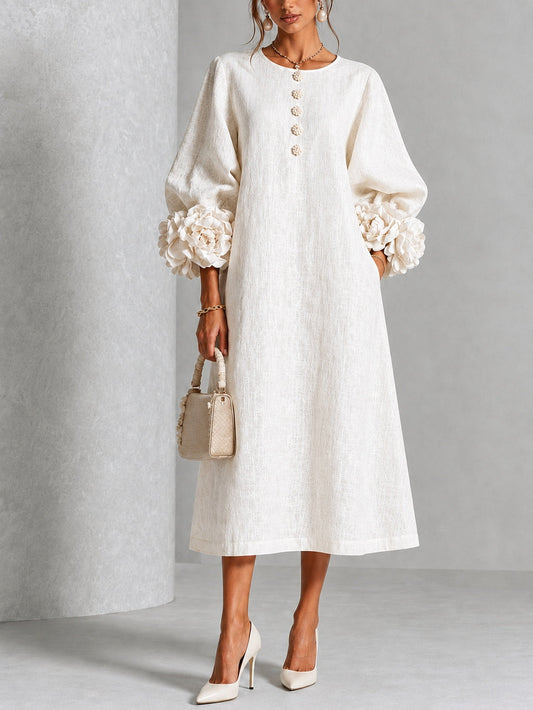 Vestido midi floral blanco abotonado con llamativos puños florales