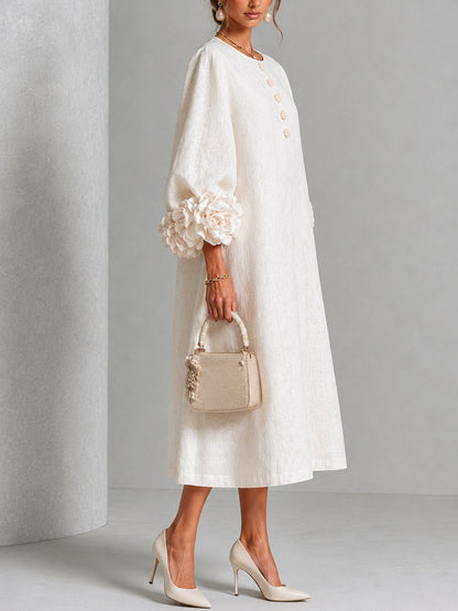 Vestido midi floral blanco abotonado con llamativos puños florales