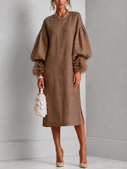 Vestido midi marrón con cintura ajustable, manga farol y puños de volante plisado