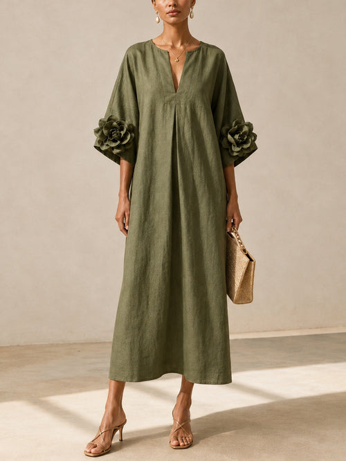 Vestido midi verde oliva con escote en V y llamativos puños florales