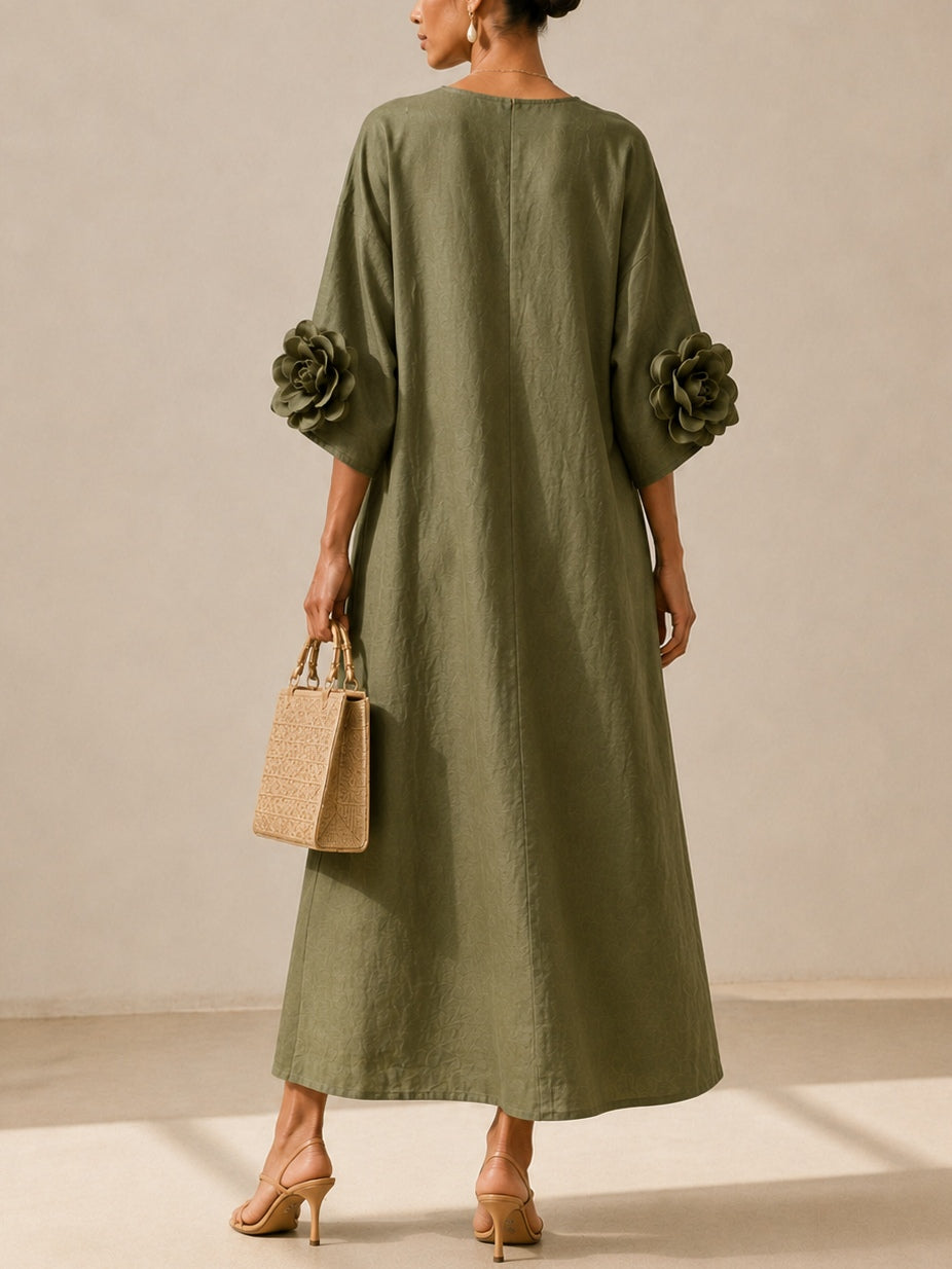 Vestido midi verde oliva con escote en V y llamativos puños florales