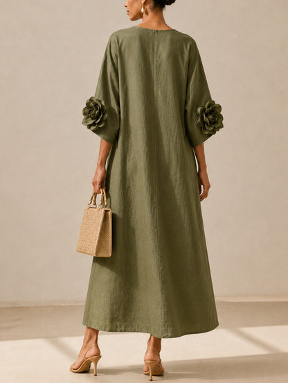 Vestido midi verde oliva con escote en V y llamativos puños florales