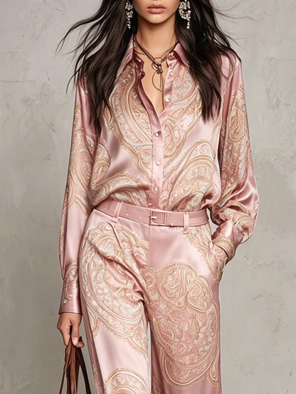 Conjunto de camisa de manga larga y pantalón ancho de satén con estampado de cachemira rosa (con cinturón)