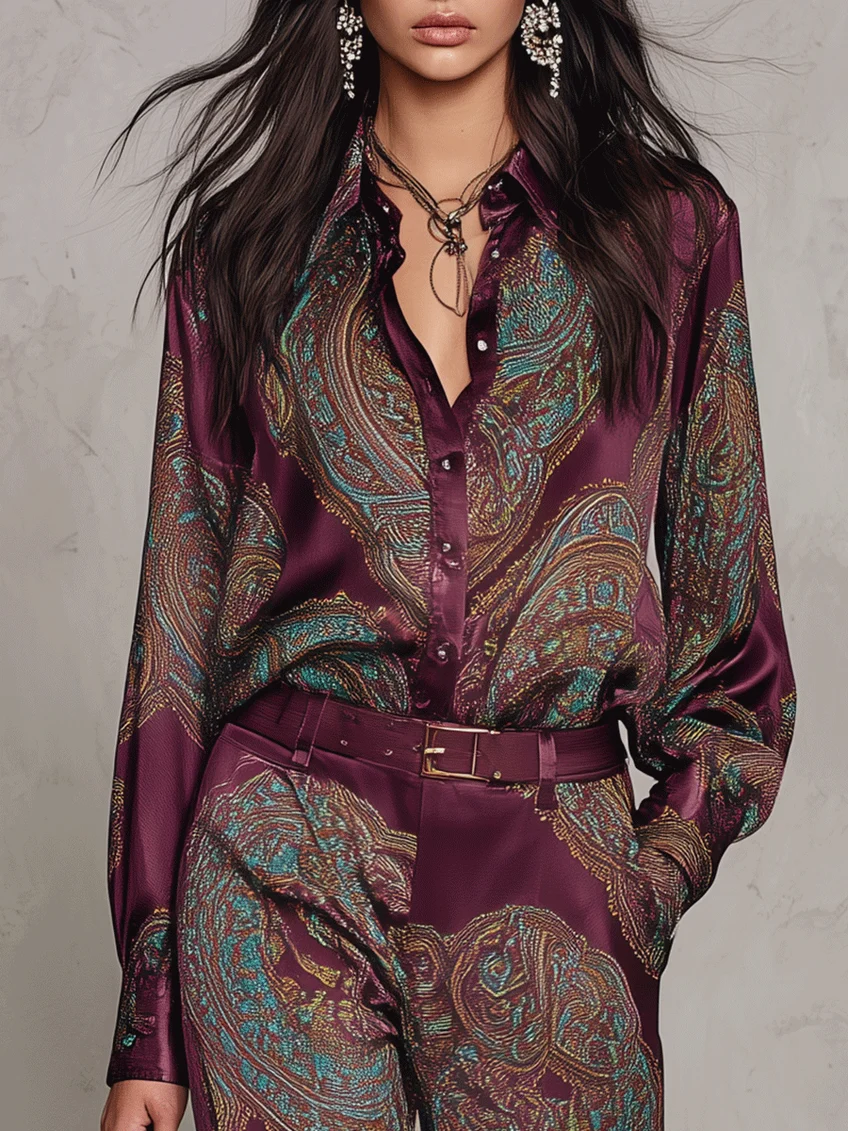 Conjunto de camisa de manga larga y pantalón ancho de satén con estampado de cachemira burdeos y morado (con cinturón)