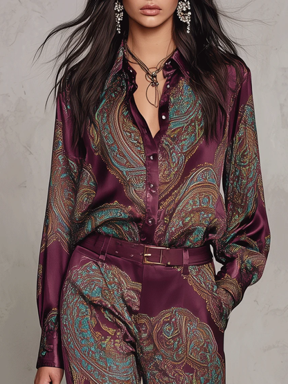 Conjunto de camisa de manga larga y pantalón ancho de satén con estampado de cachemira burdeos y morado (con cinturón)