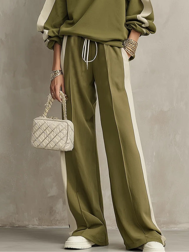 Conjunto casual verde oliva de sudadera de cuello redondo y pantalón de pierna ancha con cordón