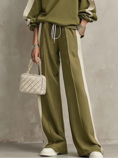 Conjunto casual verde oliva de sudadera de cuello redondo y pantalón de pierna ancha con cordón