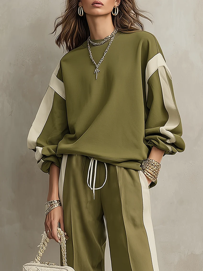 Conjunto casual verde oliva de sudadera de cuello redondo y pantalón de pierna ancha con cordón