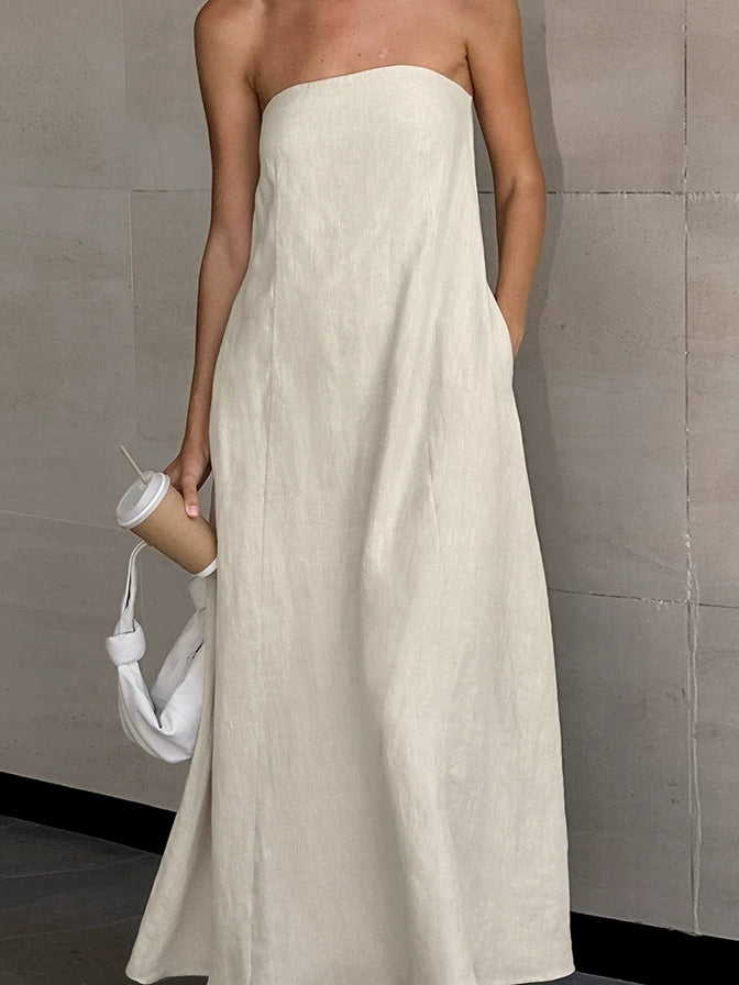 Vestido largo de lino en línea A sin tirantes