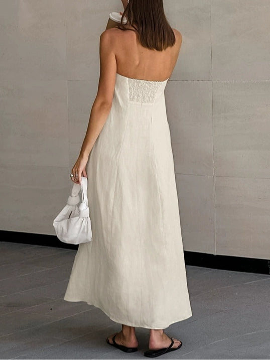 Vestido largo de lino en línea A sin tirantes