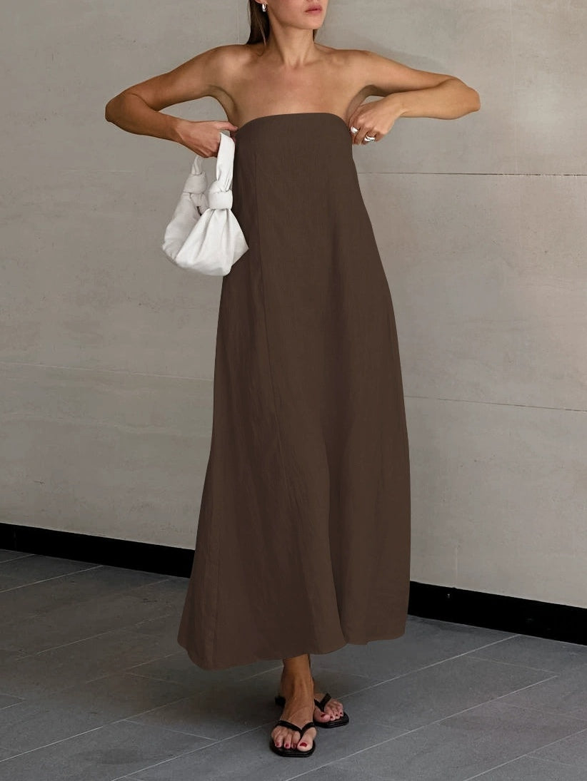 Vestido largo de lino en línea A sin tirantes