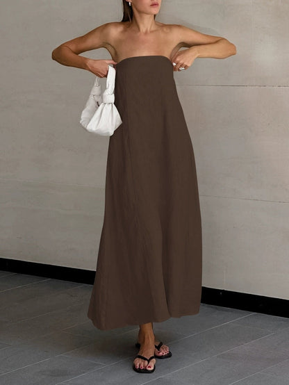 Vestido largo de lino en línea A sin tirantes