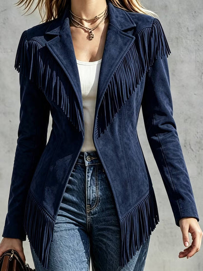 Chaqueta entallada de efecto ante con solapa, manga larga y flecos