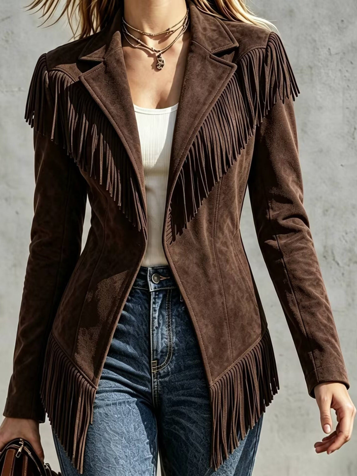 Chaqueta entallada de efecto ante con solapa, manga larga y flecos