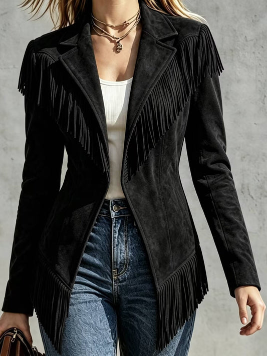 Chaqueta entallada de efecto ante con solapa, manga larga y flecos