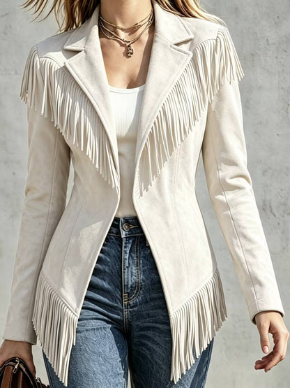 Chaqueta entallada de efecto ante con solapa, manga larga y flecos