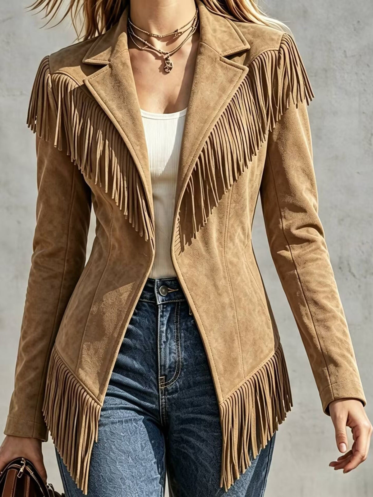 Chaqueta entallada de efecto ante con solapa, manga larga y flecos
