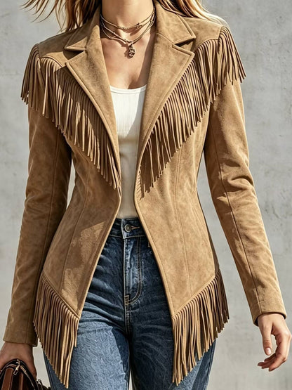 Chaqueta entallada de efecto ante con solapa, manga larga y flecos