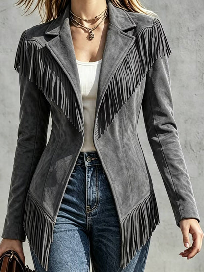 Chaqueta entallada de efecto ante con solapa, manga larga y flecos