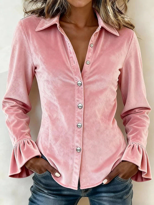 Camisa de terciopelo de manga larga con botones y volantes