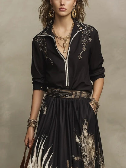 Conjunto de camisa con media cremallera y falda midi fluida con estampado artístico negro y dorado