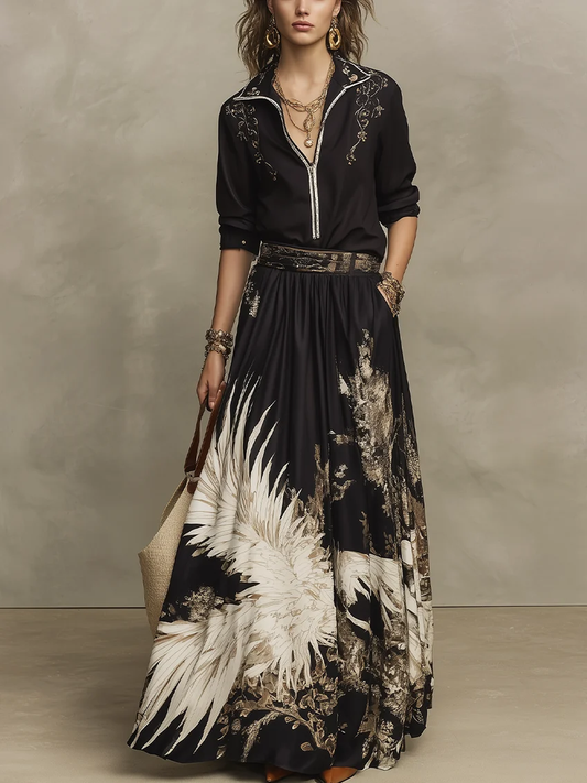 Conjunto de camisa con media cremallera y falda midi fluida con estampado artístico negro y dorado