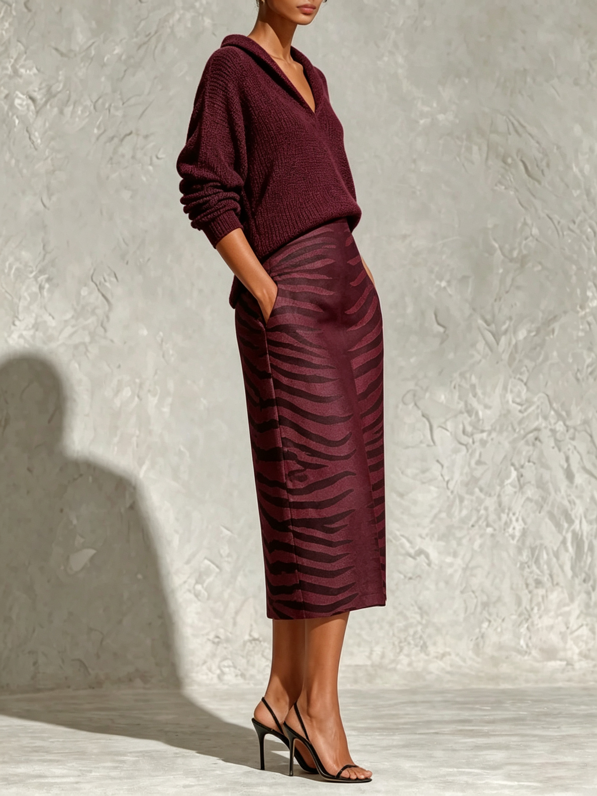Conjunto de dos piezas: top de punto negro con cuello y falda midi de lino con estampado de cebra