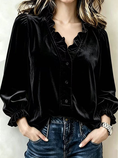 Camisa de terciopelo con volantes, cuello en V y manga abullonada