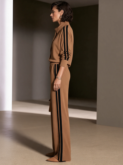 Conjunto camel bicolor de top abotonado y pantalón de pierna ancha